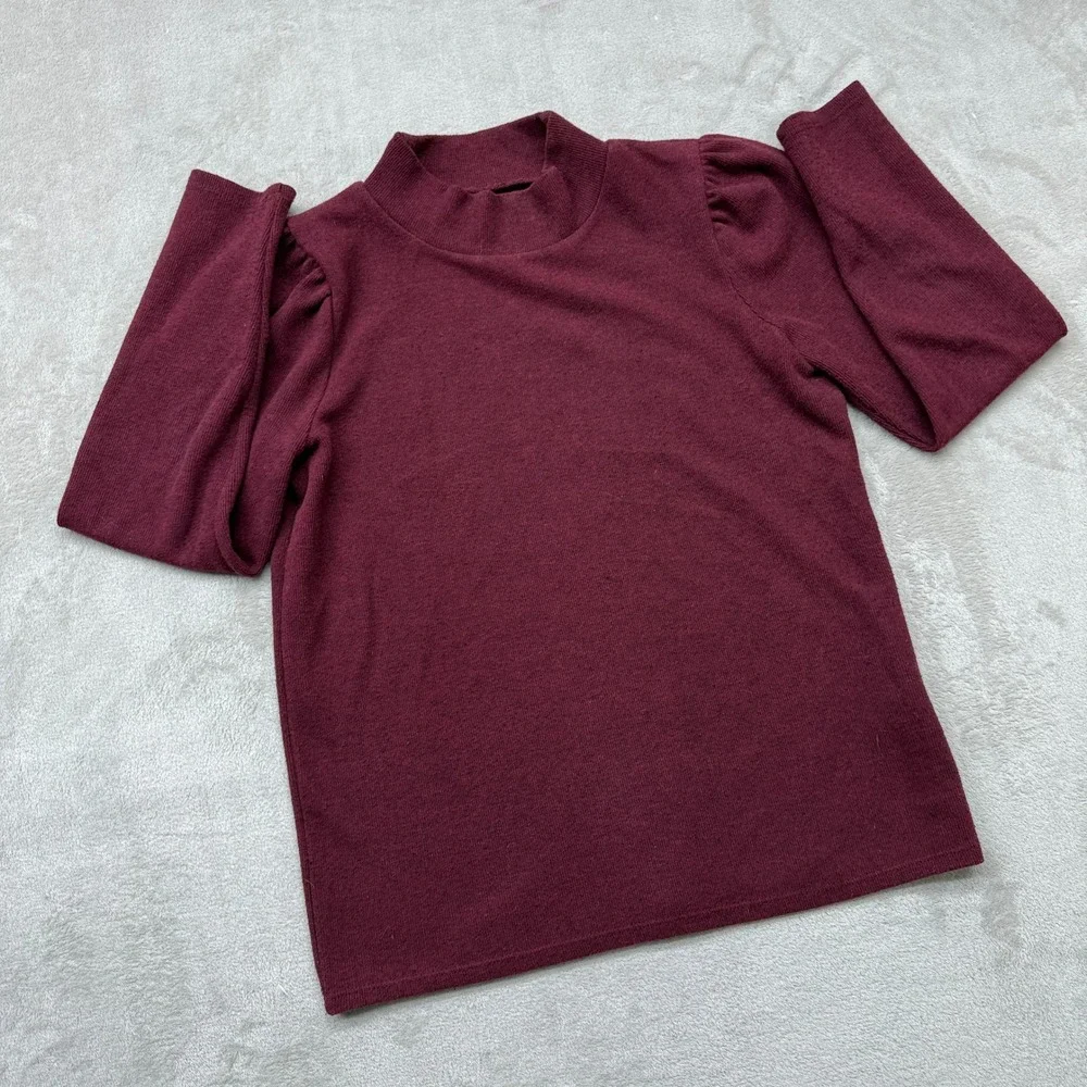 Madewell Shirt Women's Small Mockneck Puff‎ Sleeve Top Burgundy Knit Long Sleeve